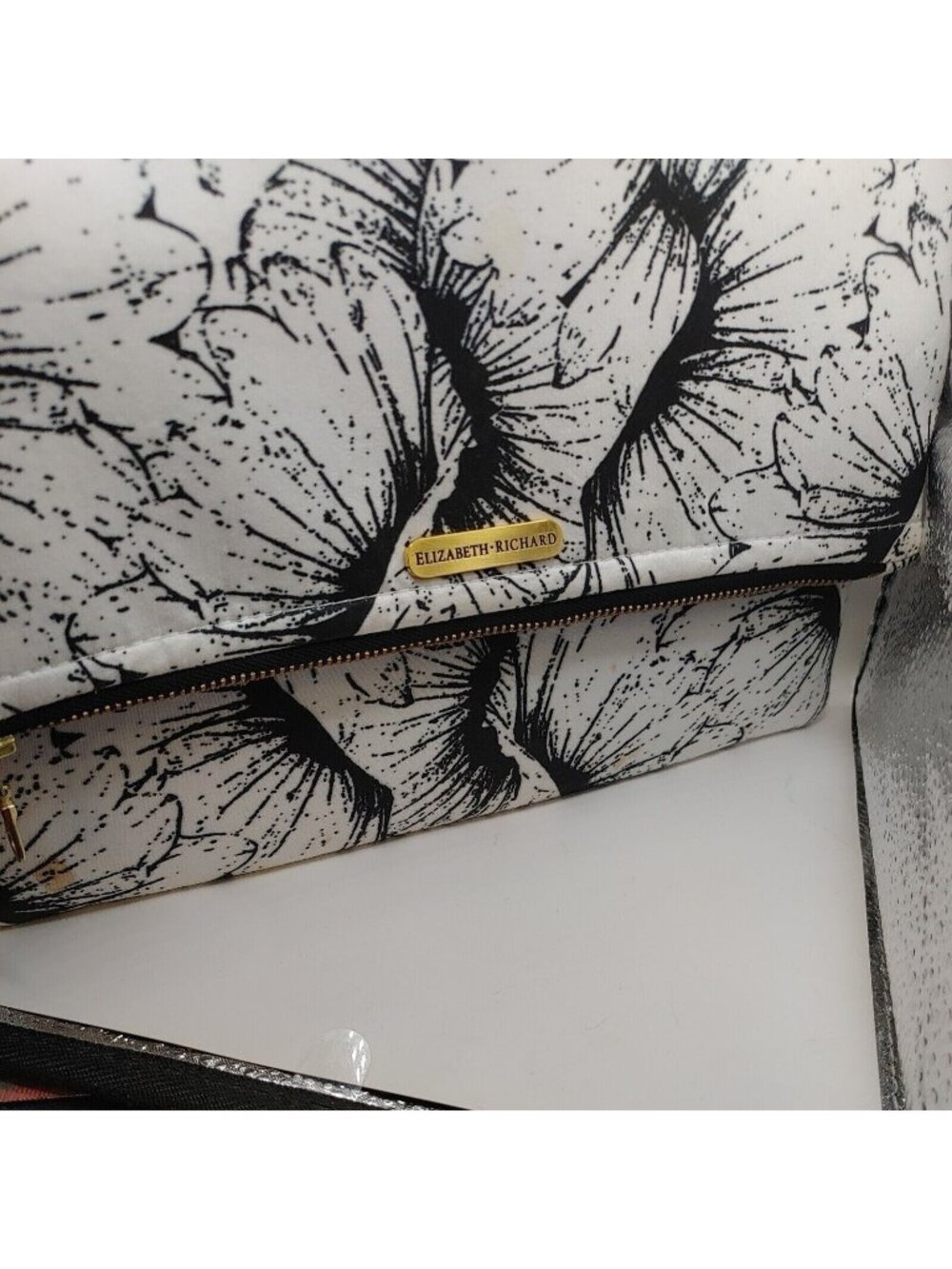 Elizabeth.Rchard Clutch Handbag White & Black Floral Print Fabric Magnetic...